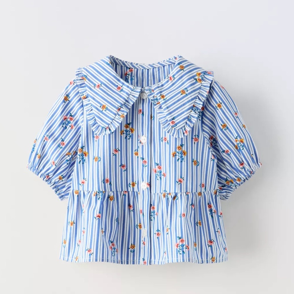Zara Kids Blue and White Striped Blouse with Floral Accents